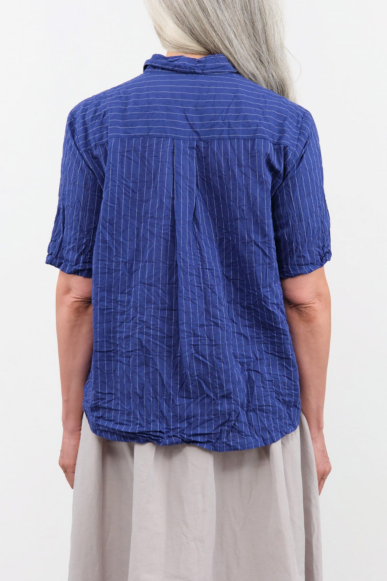 Pas de Calais Apparel Womens Blouses Blue Shirring Stripe Short Sleeve Blouse in Navy