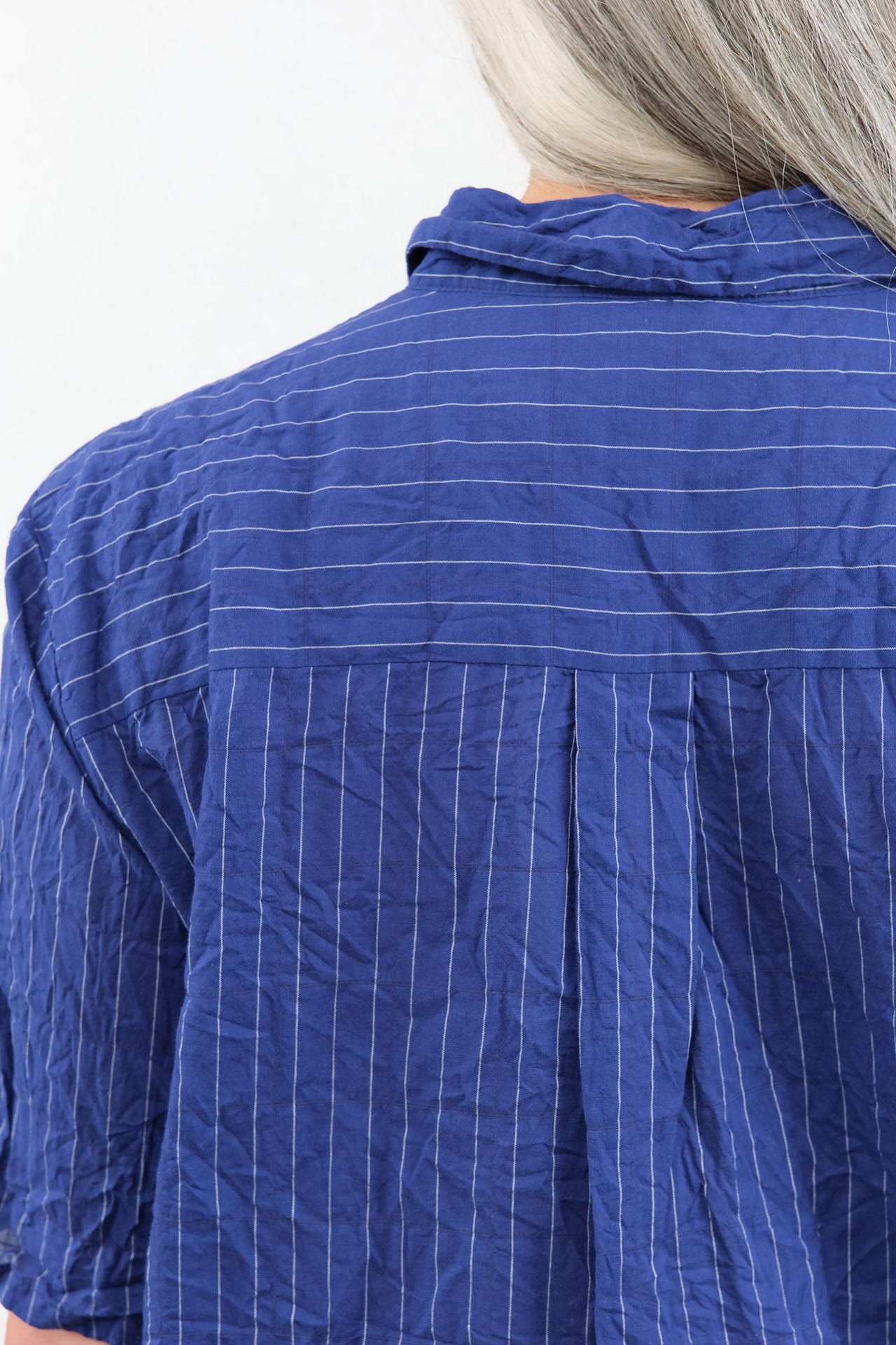 Pas de Calais Apparel Womens Blouses Blue Shirring Stripe Short Sleeve Blouse in Navy