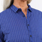 Pas de Calais Apparel Womens Blouses Blue Shirring Stripe Short Sleeve Blouse in Navy