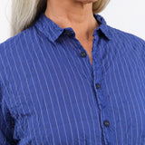 Pas de Calais Apparel Womens Blouses Blue Shirring Stripe Short Sleeve Blouse in Navy