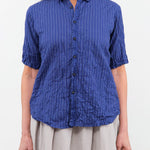 Pas de Calais Apparel Womens Blouses Blue Shirring Stripe Short Sleeve Blouse in Navy