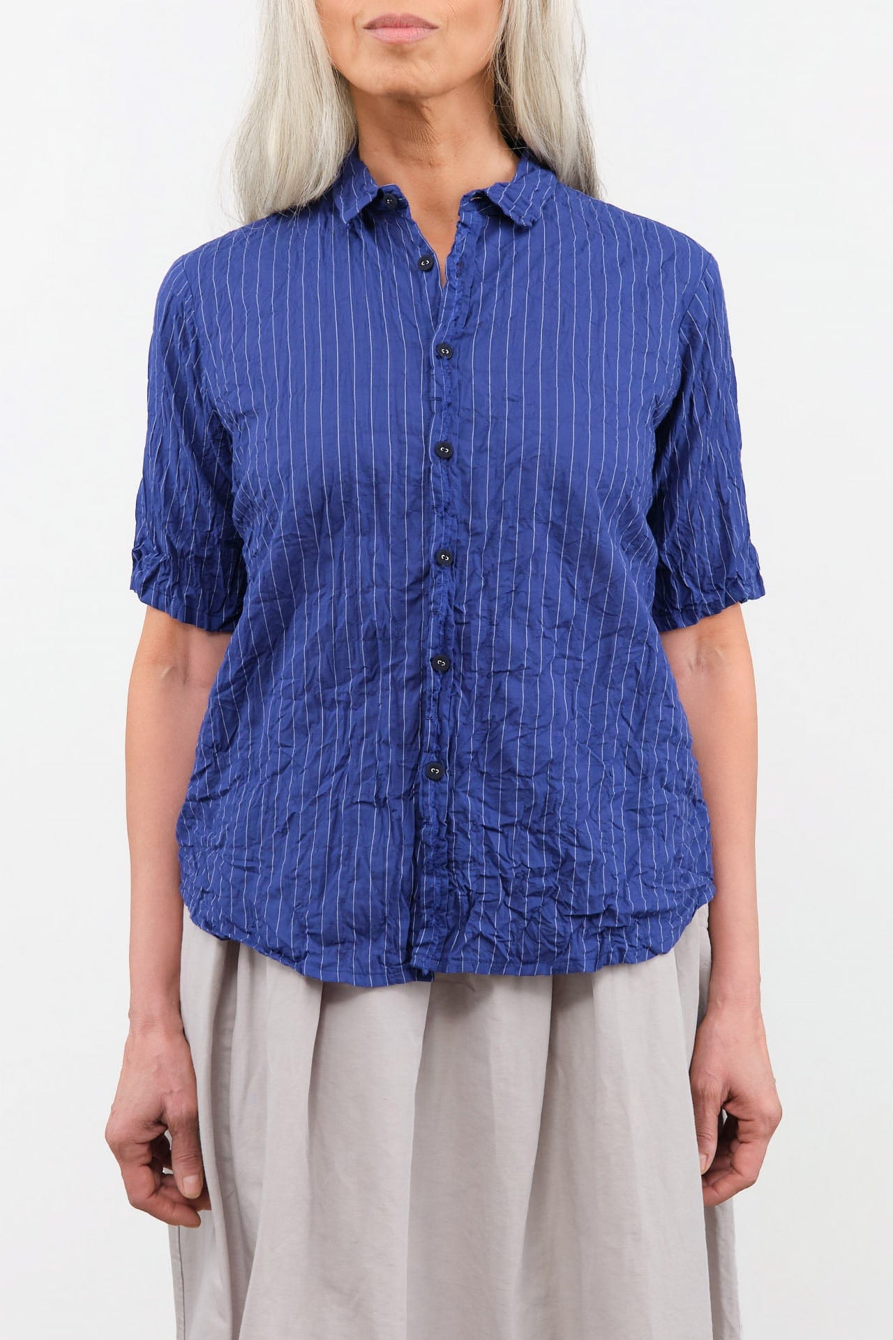 Pas de Calais Apparel Womens Blouses Blue Shirring Stripe Short Sleeve Blouse in Navy