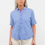 Pas de Calais Apparel Womens Blouses Blue Shirring Stripe Short Sleeve Blouse in Saxe Blue