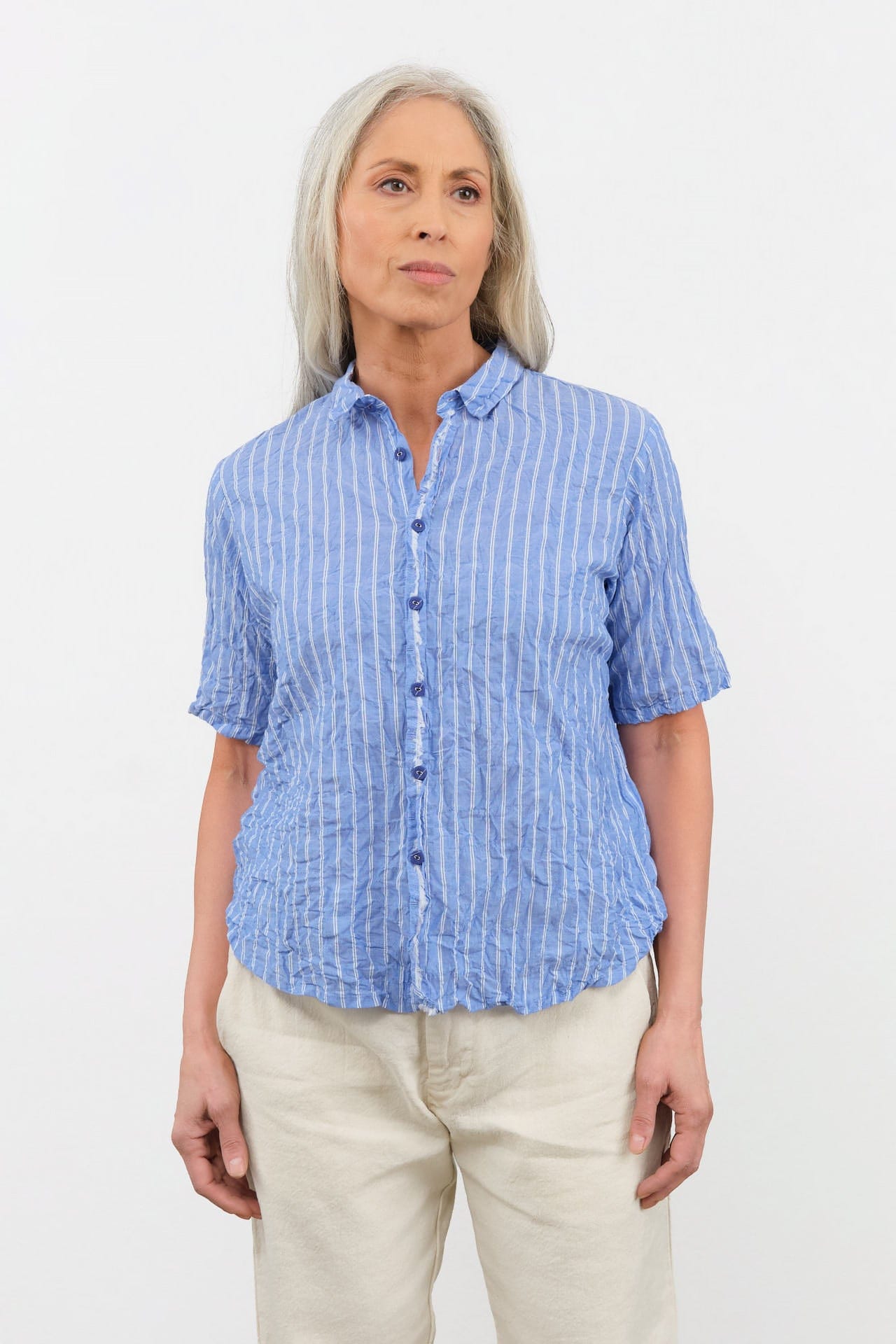 Pas de Calais Apparel Womens Blouses Blue Shirring Stripe Short Sleeve Blouse in Saxe Blue