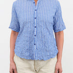 Pas de Calais Apparel Womens Blouses Blue Shirring Stripe Short Sleeve Blouse in Saxe Blue