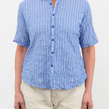 Pas de Calais Apparel Womens Blouses Blue Shirring Stripe Short Sleeve Blouse in Saxe Blue