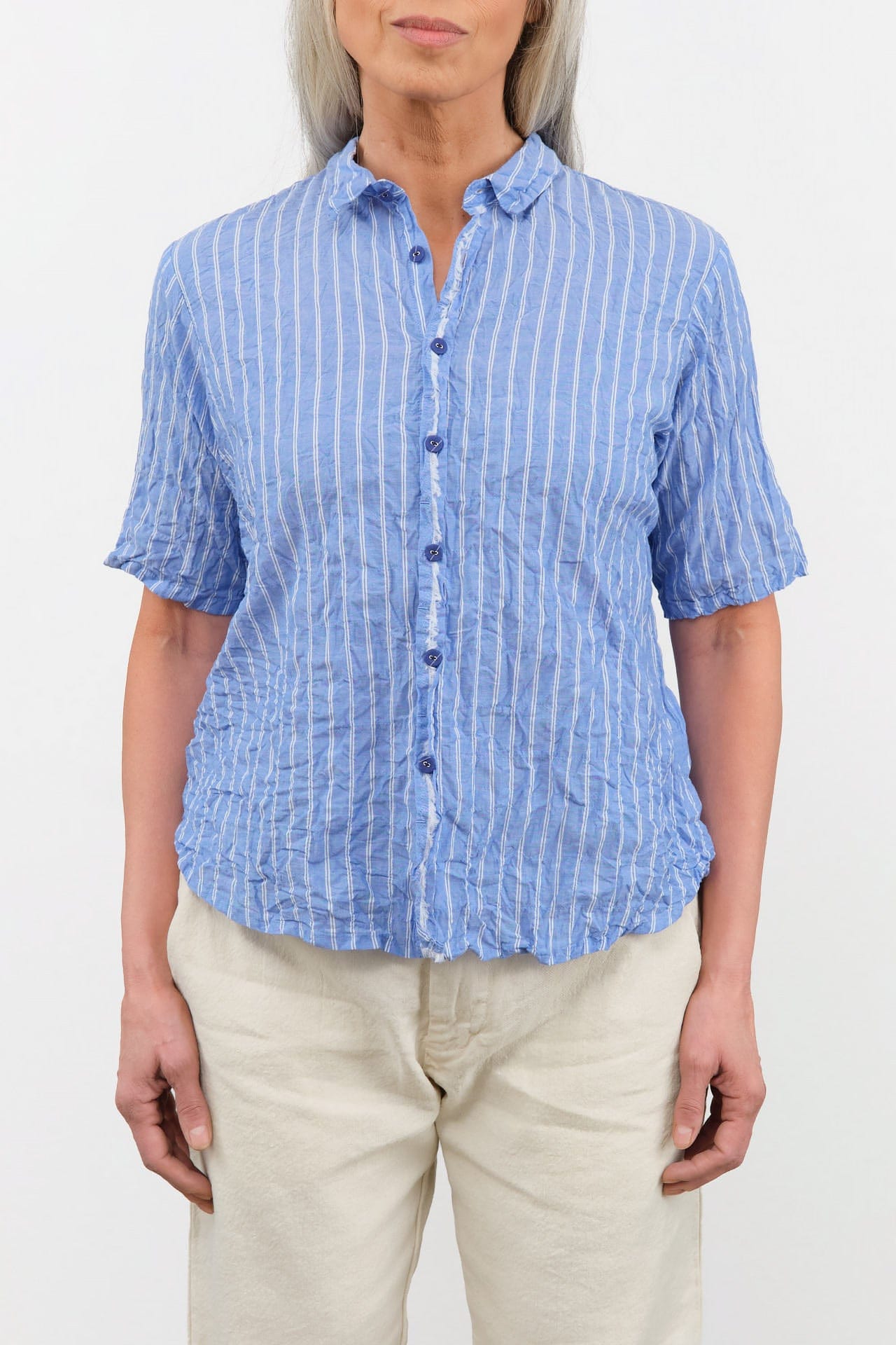 Pas de Calais Apparel Womens Blouses Blue Shirring Stripe Short Sleeve Blouse in Saxe Blue