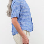 Pas de Calais Apparel Womens Blouses Blue Shirring Stripe Short Sleeve Blouse in Saxe Blue