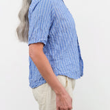 Pas de Calais Apparel Womens Blouses Blue Shirring Stripe Short Sleeve Blouse in Saxe Blue