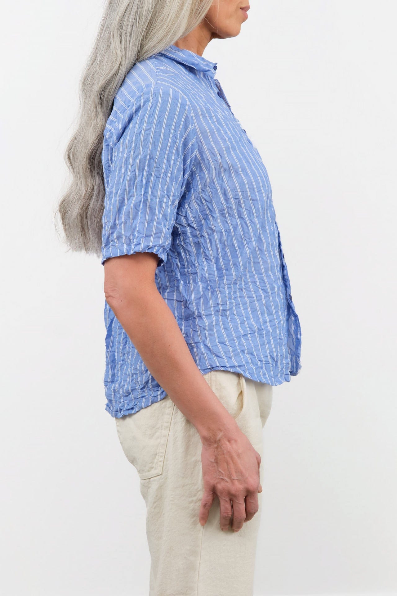 Pas de Calais Apparel Womens Blouses Blue Shirring Stripe Short Sleeve Blouse in Saxe Blue