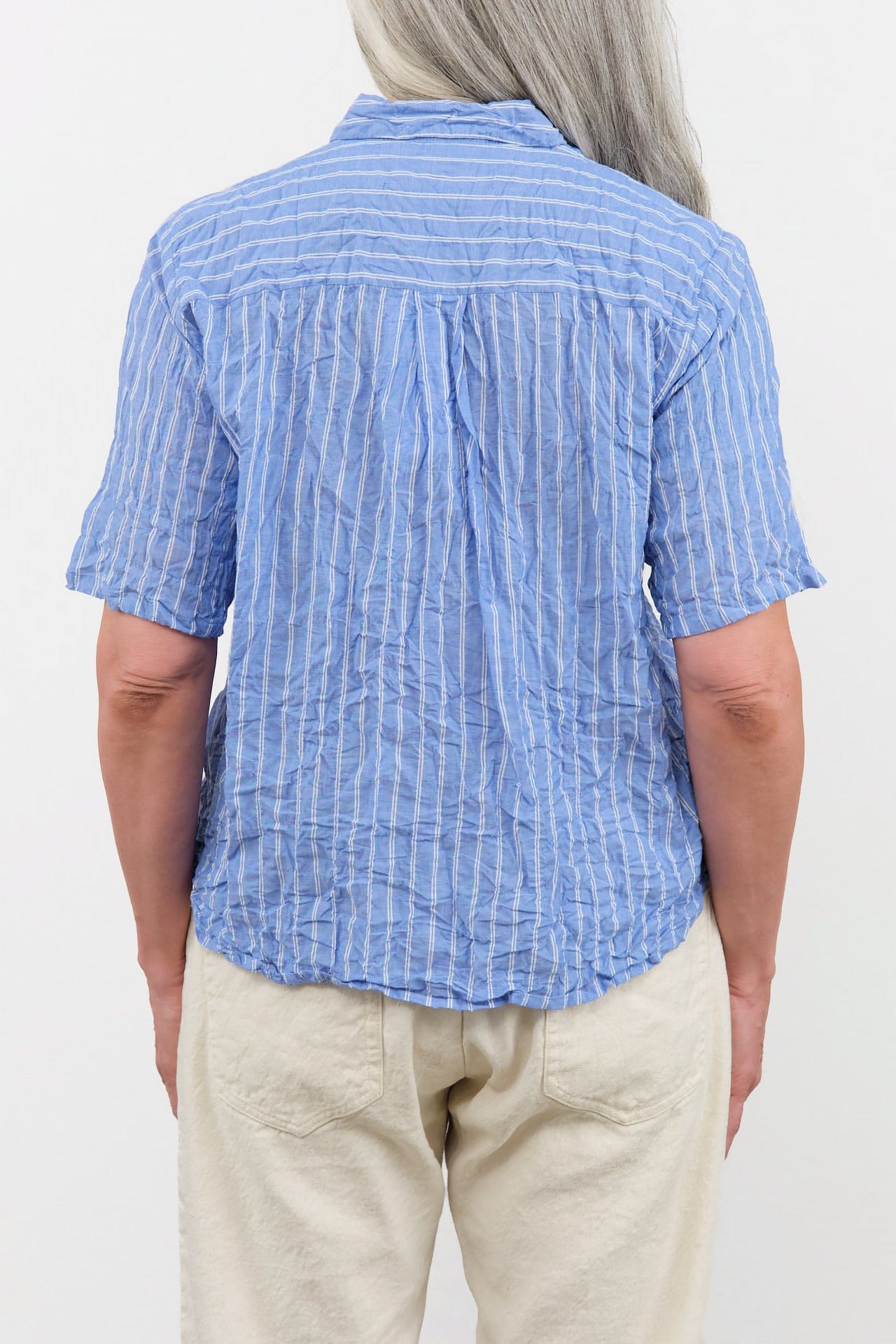 Pas de Calais Apparel Womens Blouses Blue Shirring Stripe Short Sleeve Blouse in Saxe Blue