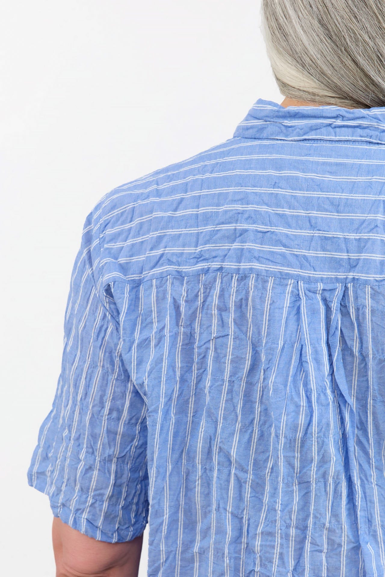 Pas de Calais Apparel Womens Blouses Blue Shirring Stripe Short Sleeve Blouse in Saxe Blue