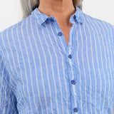 Pas de Calais Apparel Womens Blouses Blue Shirring Stripe Short Sleeve Blouse in Saxe Blue