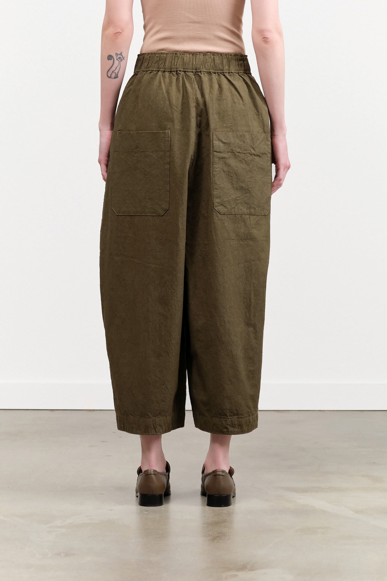 C/H Parachute Wide Pants with Elastic Waist and Pockets in Beige Green by Pas de Calais Designer Brand 