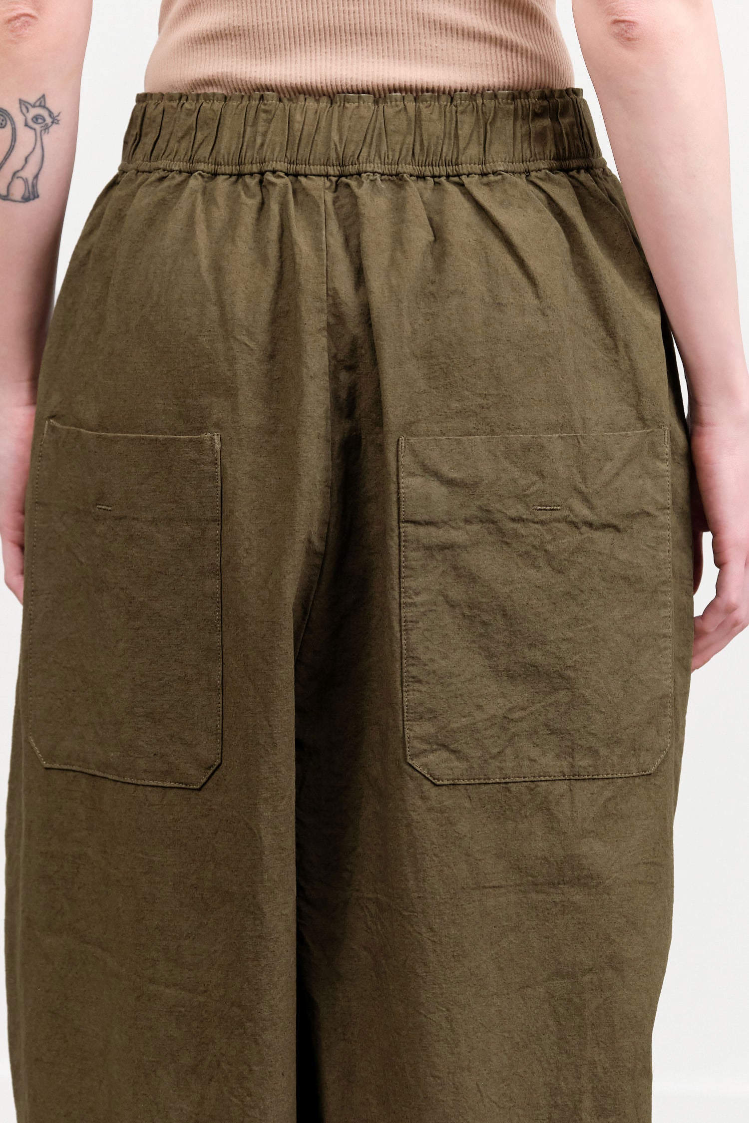 Pas de Calais Designer Brand C/H Parachute Wide Pants with Elastic Waist and Pockets in Beige Green