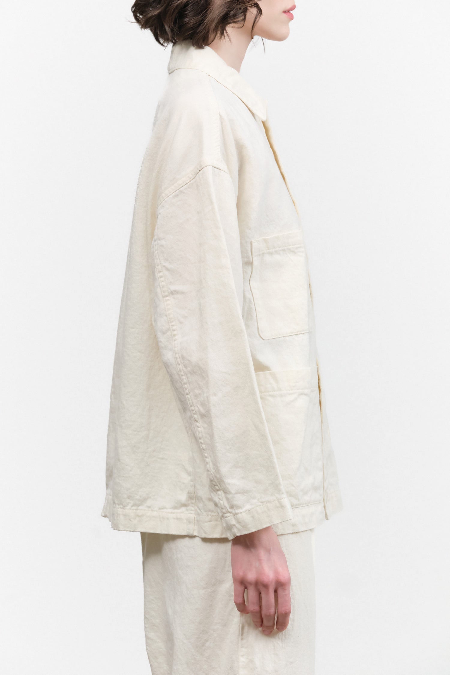 Pas de Calais Designer Brand C/L Satin Coverall Button Up Jacket with Foldover Collar in Natural White