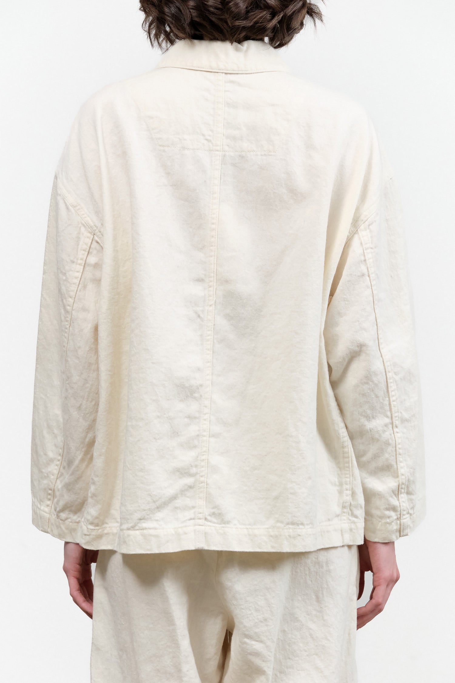 Natural White C/L Satin Coverall Button Up Jacket with Foldover Collar and Pockets by Pas de Calais Designer Brand 