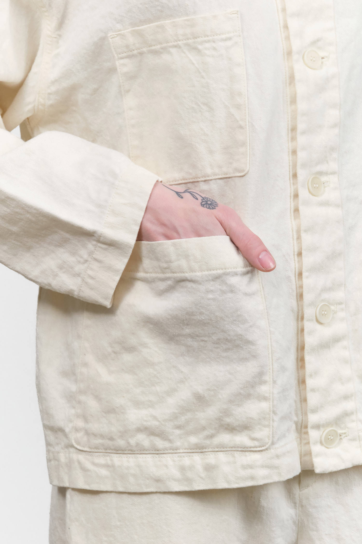 C/L Satin Coverall Button Up Jacket with Foldover Collar and Pockets in Natural White by Pas de Calais Designer Brand 