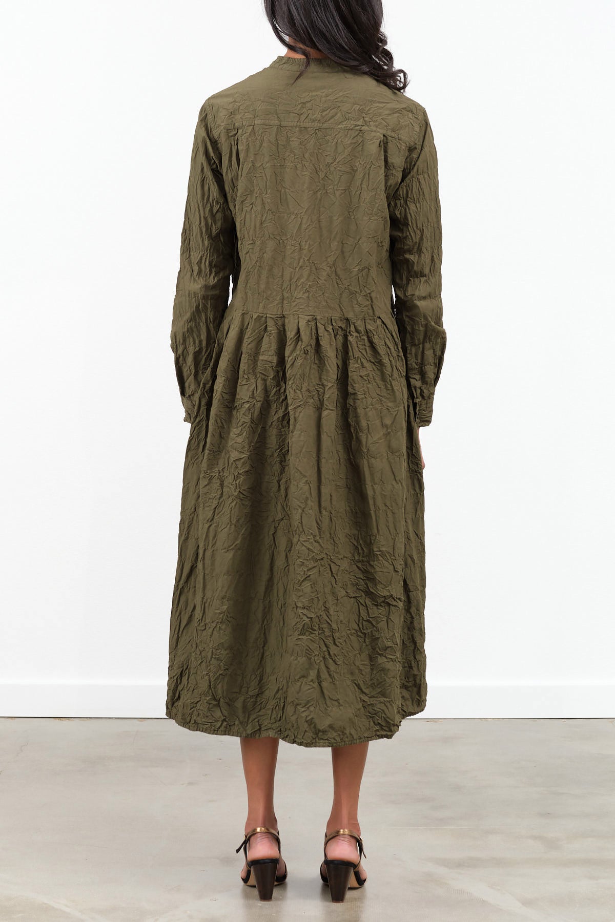 Long Sleeve Button up Classic Crinkle Cotton Dress in Khaki Green by Designer Brand Pas de Calais