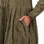 Khaki Green Classic Crinkle Cotton Button up Long Sleeve Dress in Khaki Green with Pockets