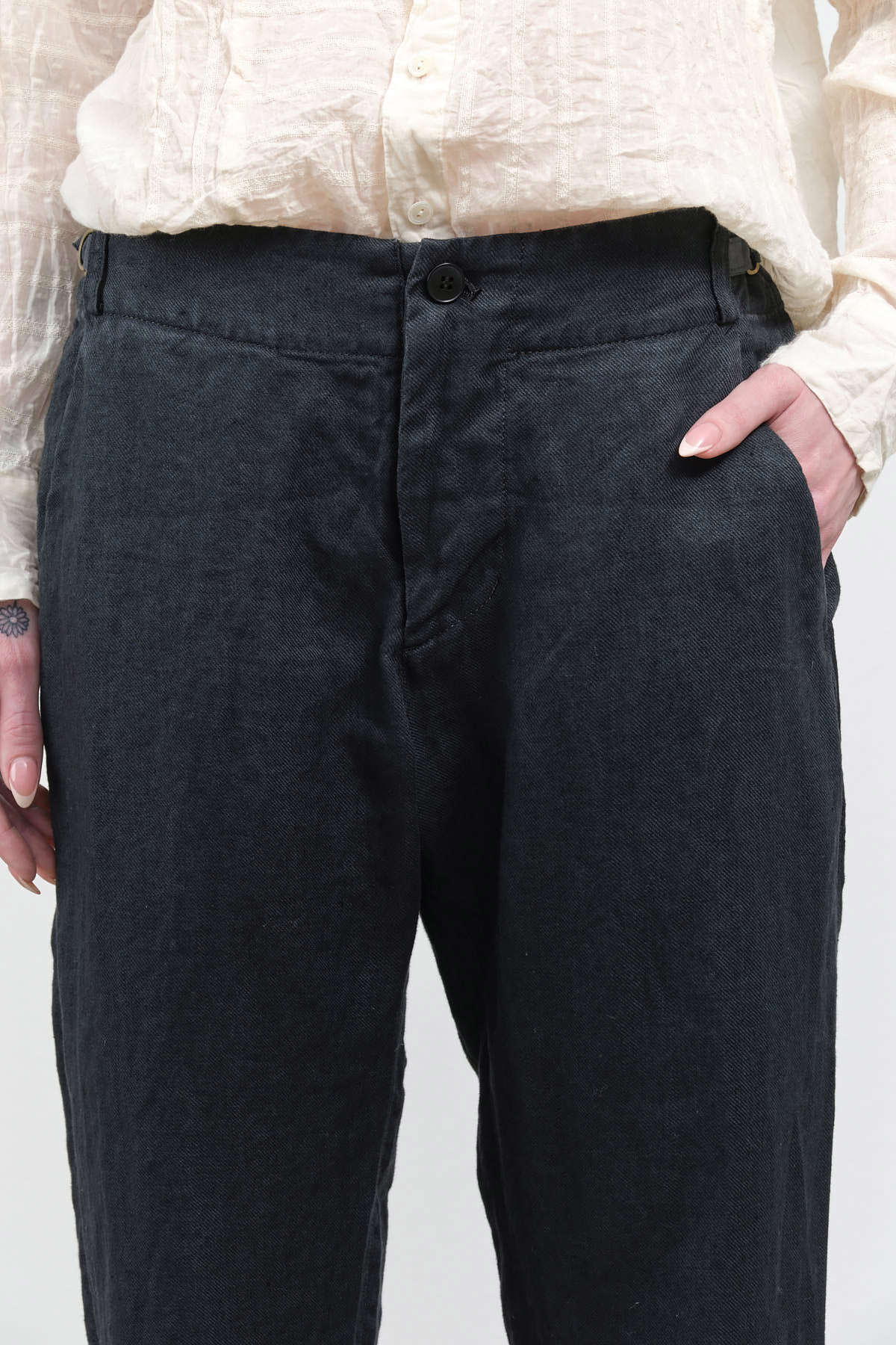 Buttonfront view of Classic Linen Slim Pants in Charcoal