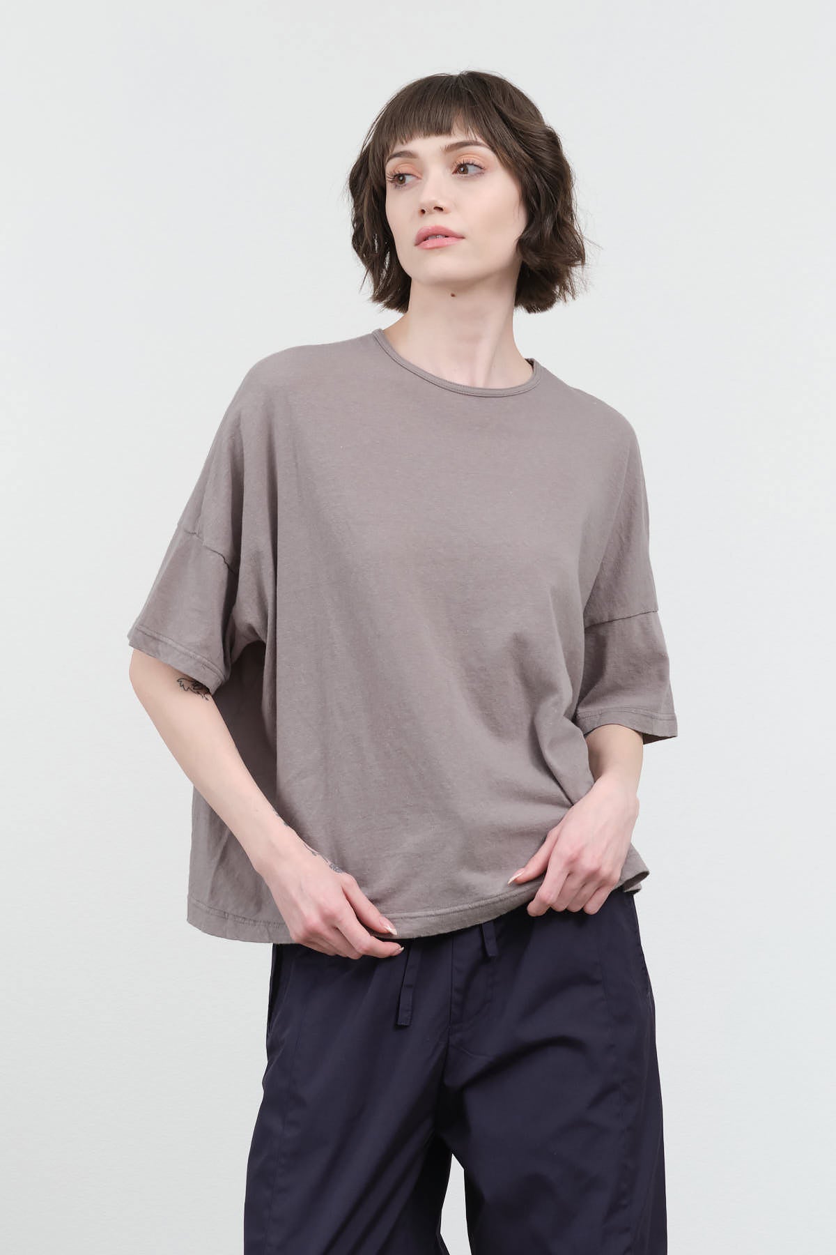 Styled view of Cotton Jersey Crew Neck T-Shirt in Gray