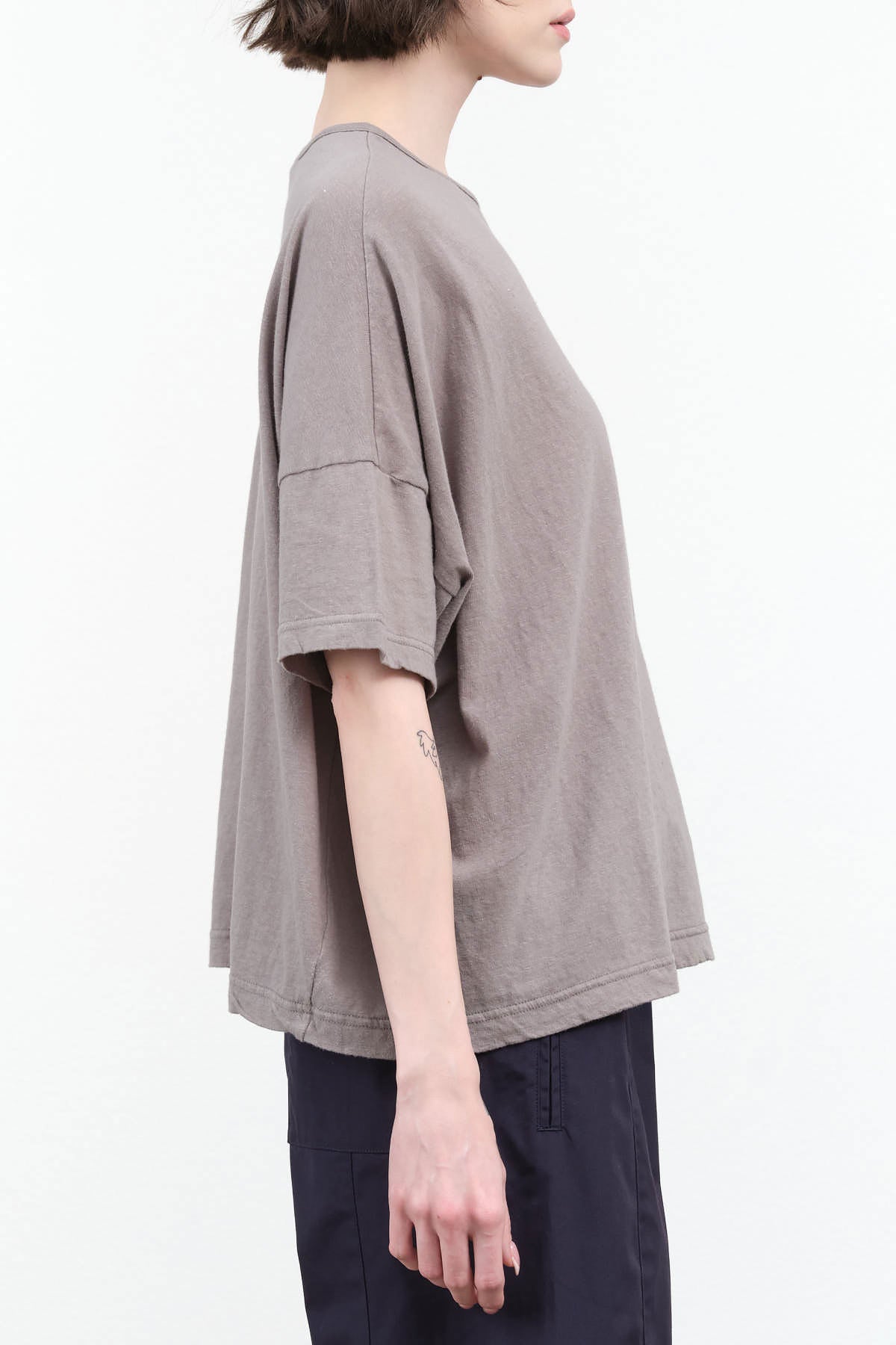 Side view of Cotton Jersey Crew Neck T-Shirt in Gray