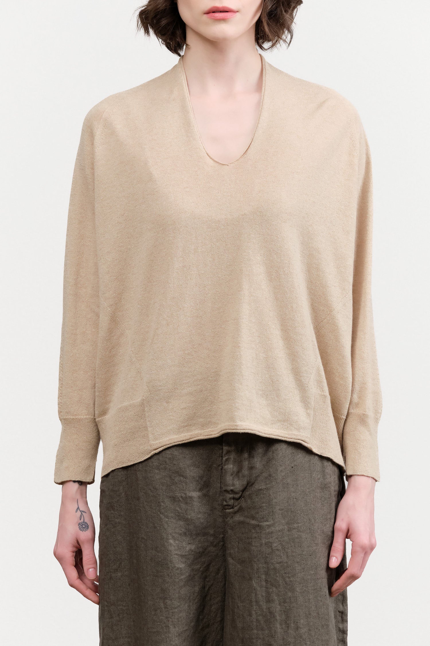 Cotton Linen V-neck Pullover by Pas de Calais in Beige