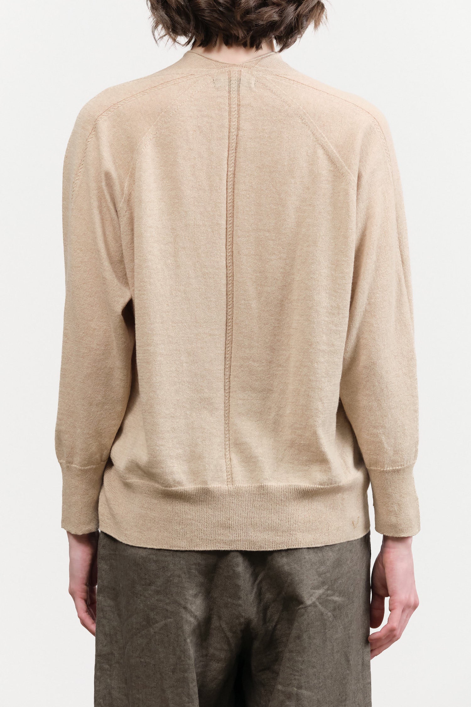 Beige Tan Cotton Linen V-neck Pullover Sweater by Pas de Calais Designer Brand 