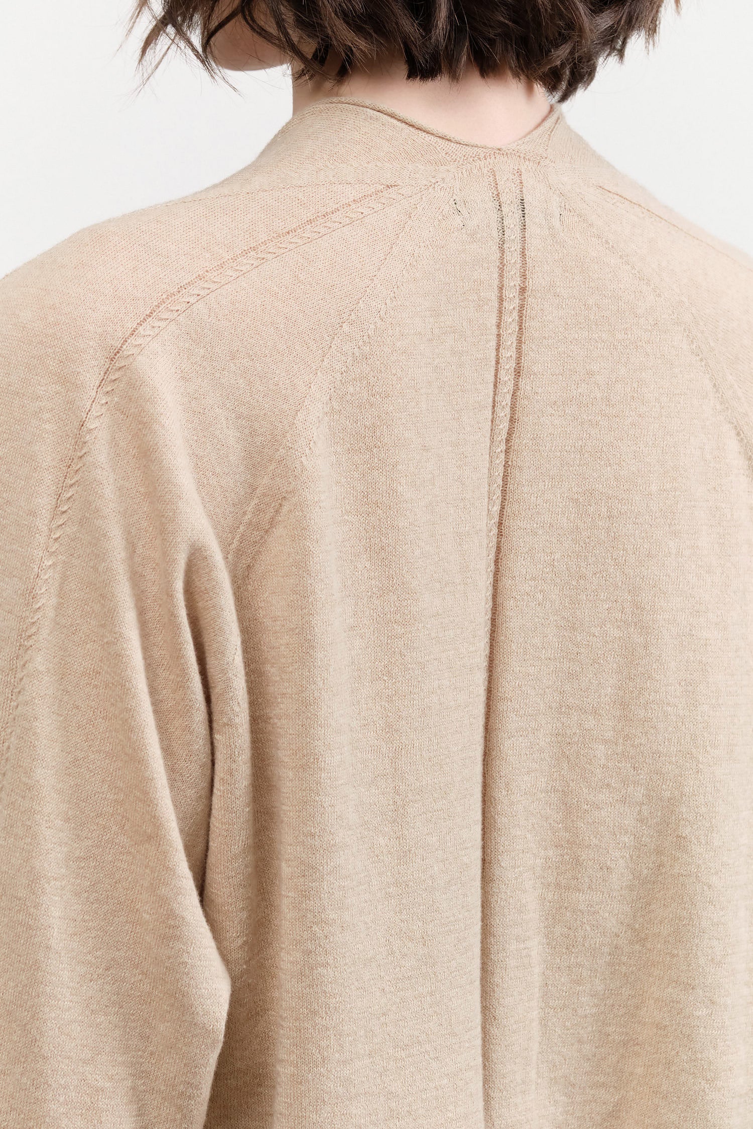 Beige Tan Cotton Linen V-neck Pullover Sweater by Pas de Calais Designer Brand 