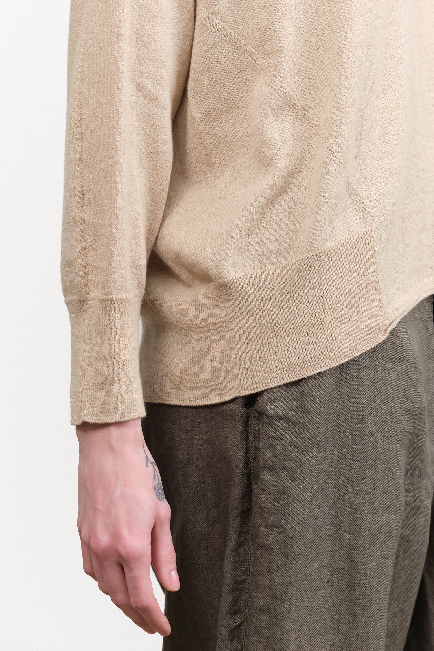 Cotton Linen V-neck Pullover Sweater in Beige Tan by Pas de Calais Designer Brand 