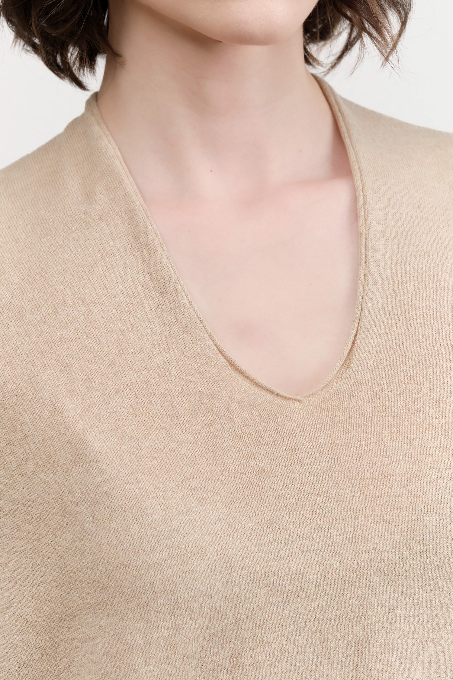 Beige Cotton Linen V-neck Pullover by Pas de Calais