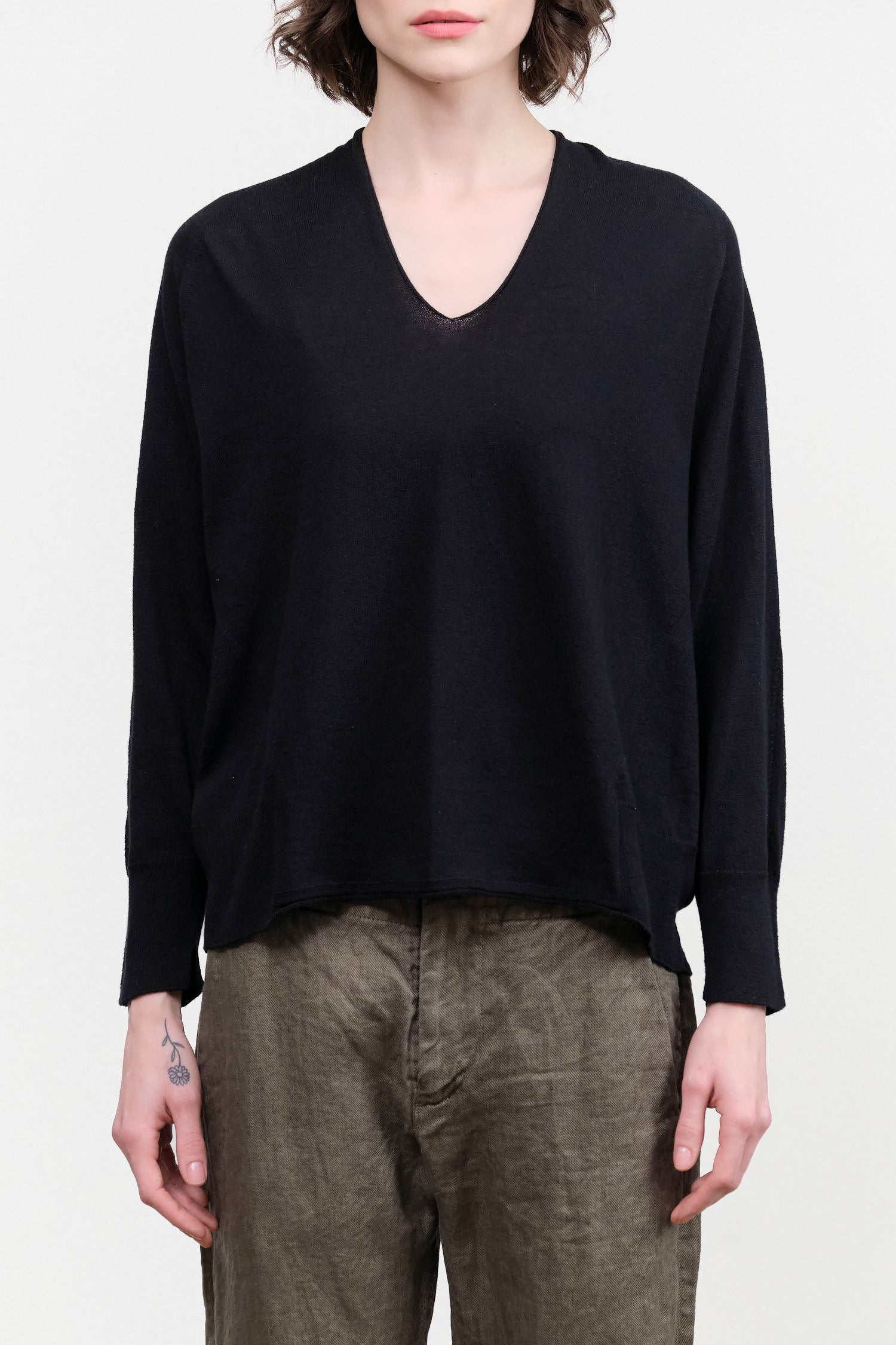 Cotton Linen V-neck Pullover by Pas de Calais  in Black