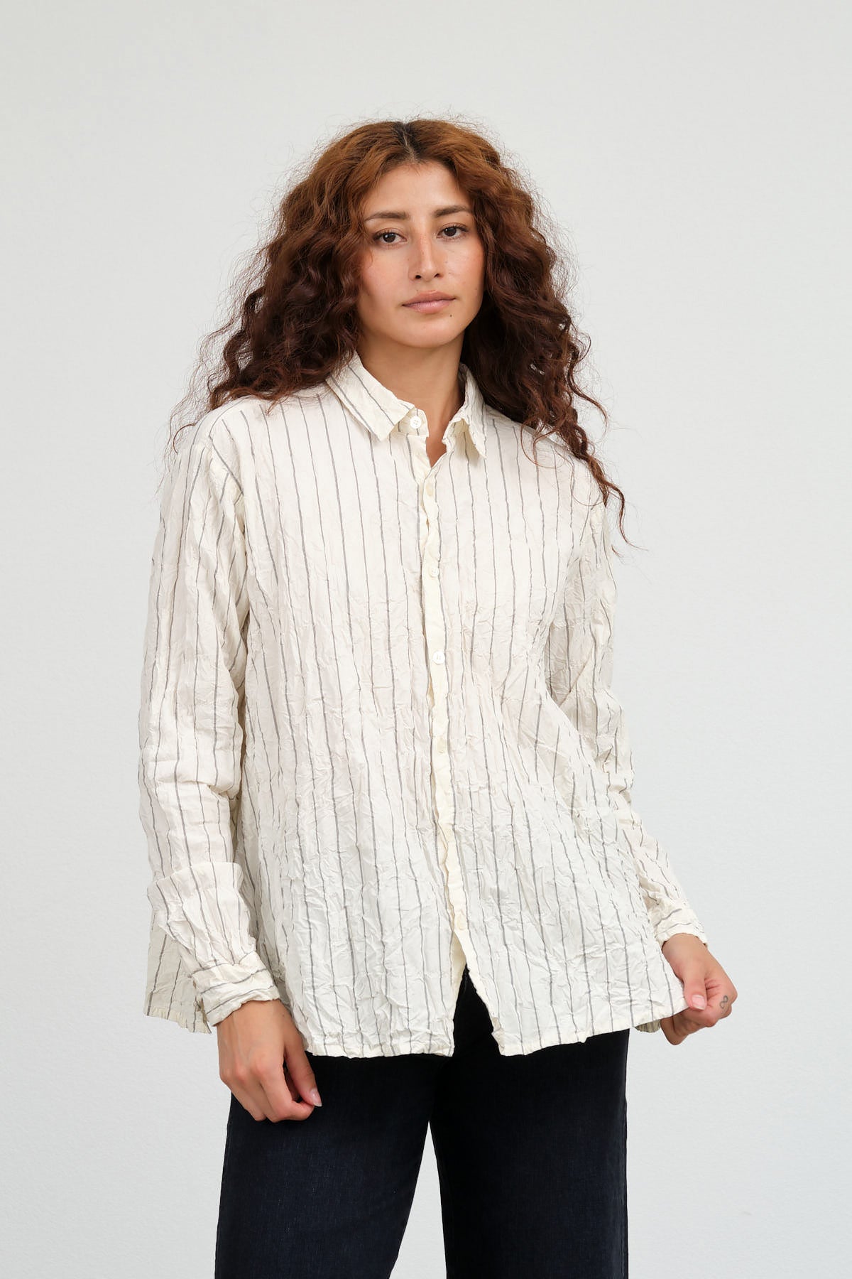 Pas de Calais Crinkle Cotton Striped Blouse in Ivory