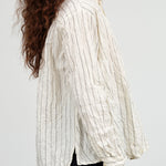 Pas de Calais Designer Brand Crinkle Cotton Striped Button Up Collared Blouse in Ivory White