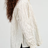 Pas de Calais Designer Brand Crinkle Cotton Striped Button Up Collared Blouse in Ivory White