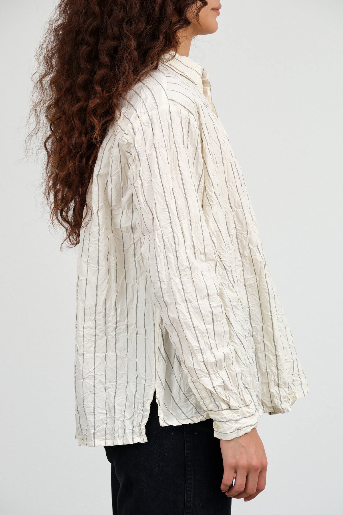 Pas de Calais Designer Brand Crinkle Cotton Striped Button Up Collared Blouse in Ivory White