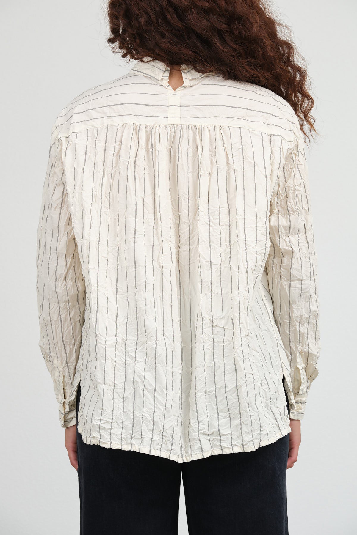 Crinkle Cotton Striped Button Up Collared Blouse in Ivory White by Pas de Calais Designer Brand