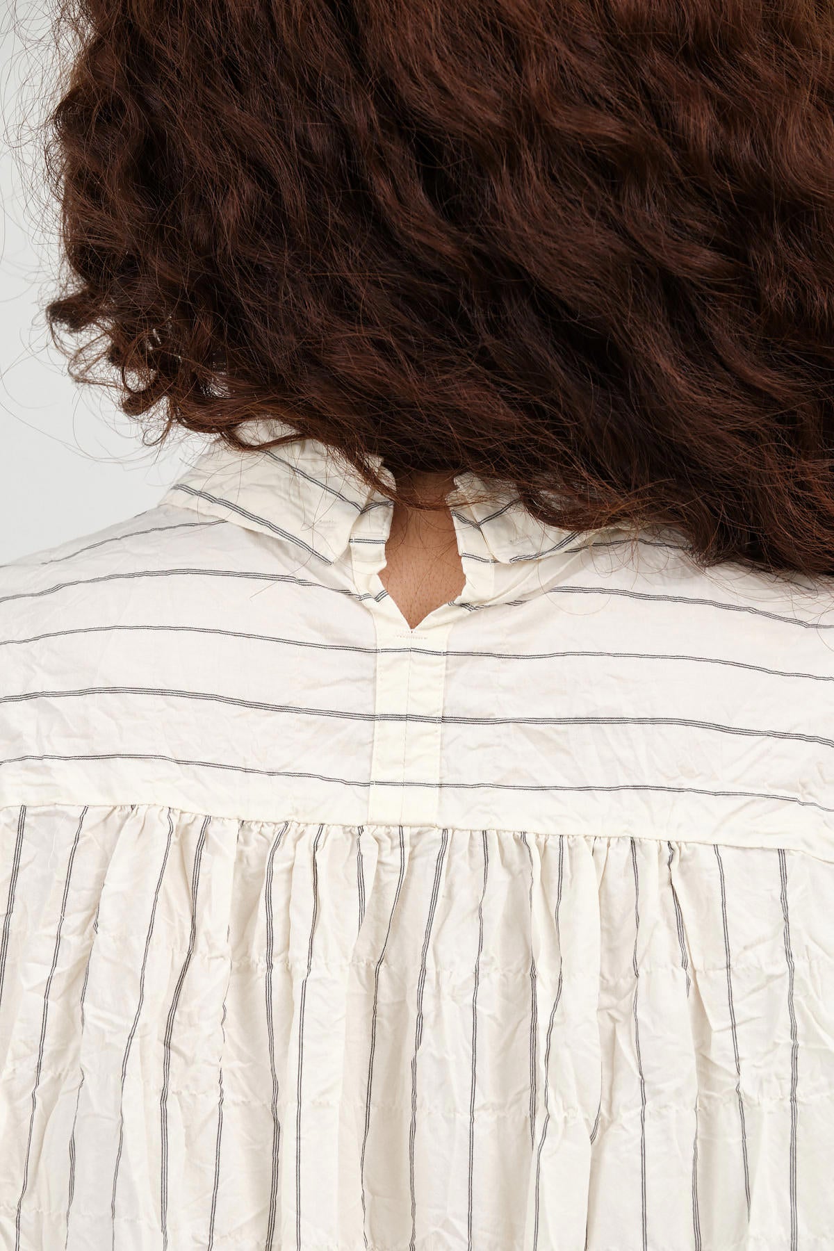 Ivory White Crinkle Cotton Striped Button Up Collared Blouse by Pas de Calais Designer Brand