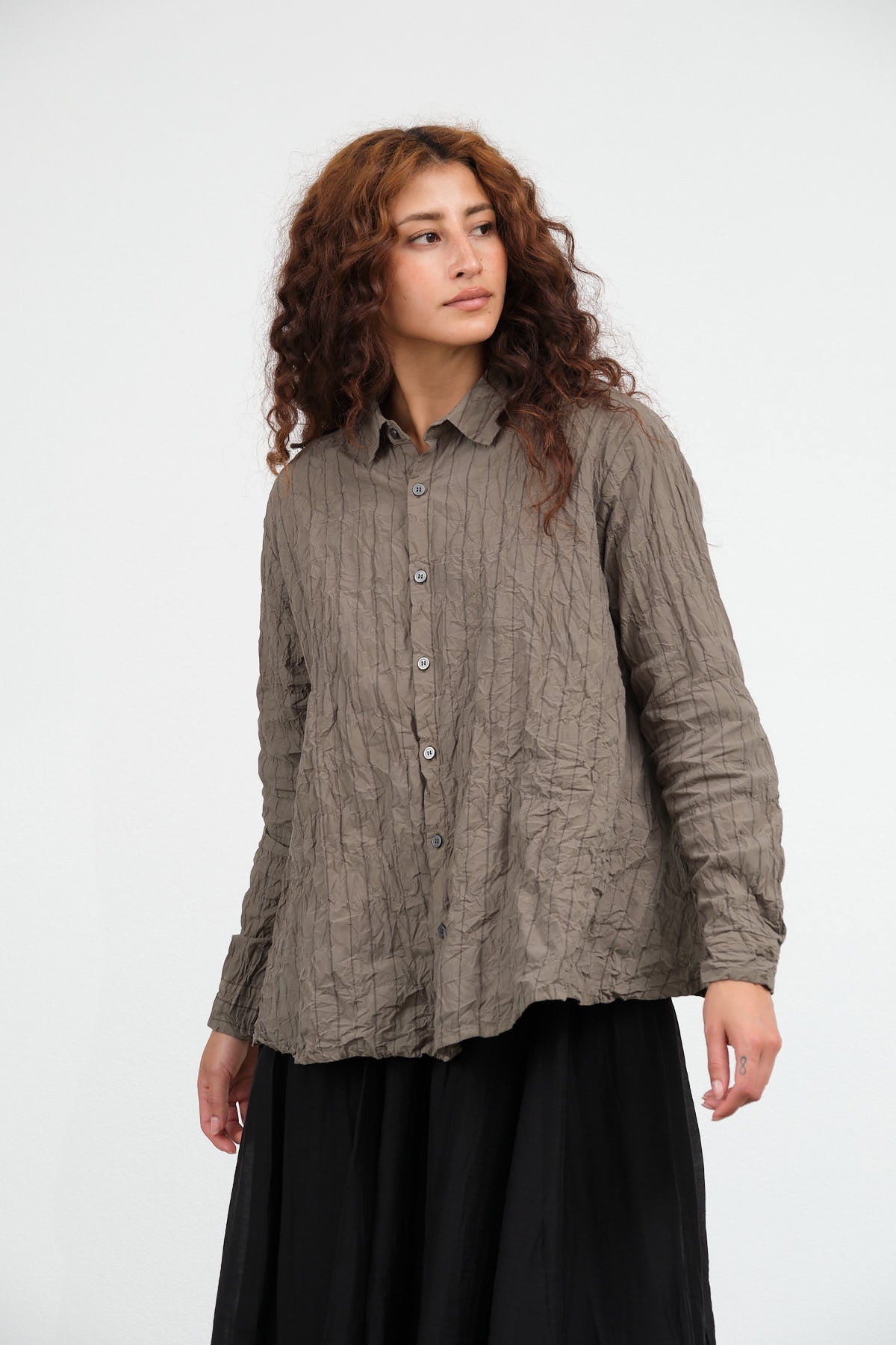 Pas de Calais Crinkle Cotton Striped Blouse in Khaki