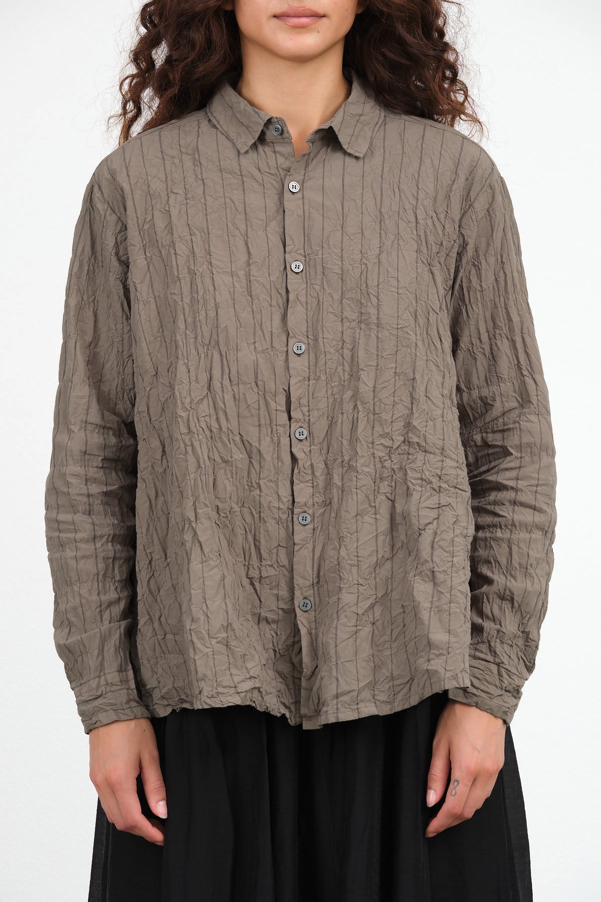 Crinkle Cotton Striped Blouse by Pas de Calais in Khaki