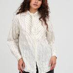 Pas de Calais Crinkle Cotton Striped Tie Neck Blouse in Ivory