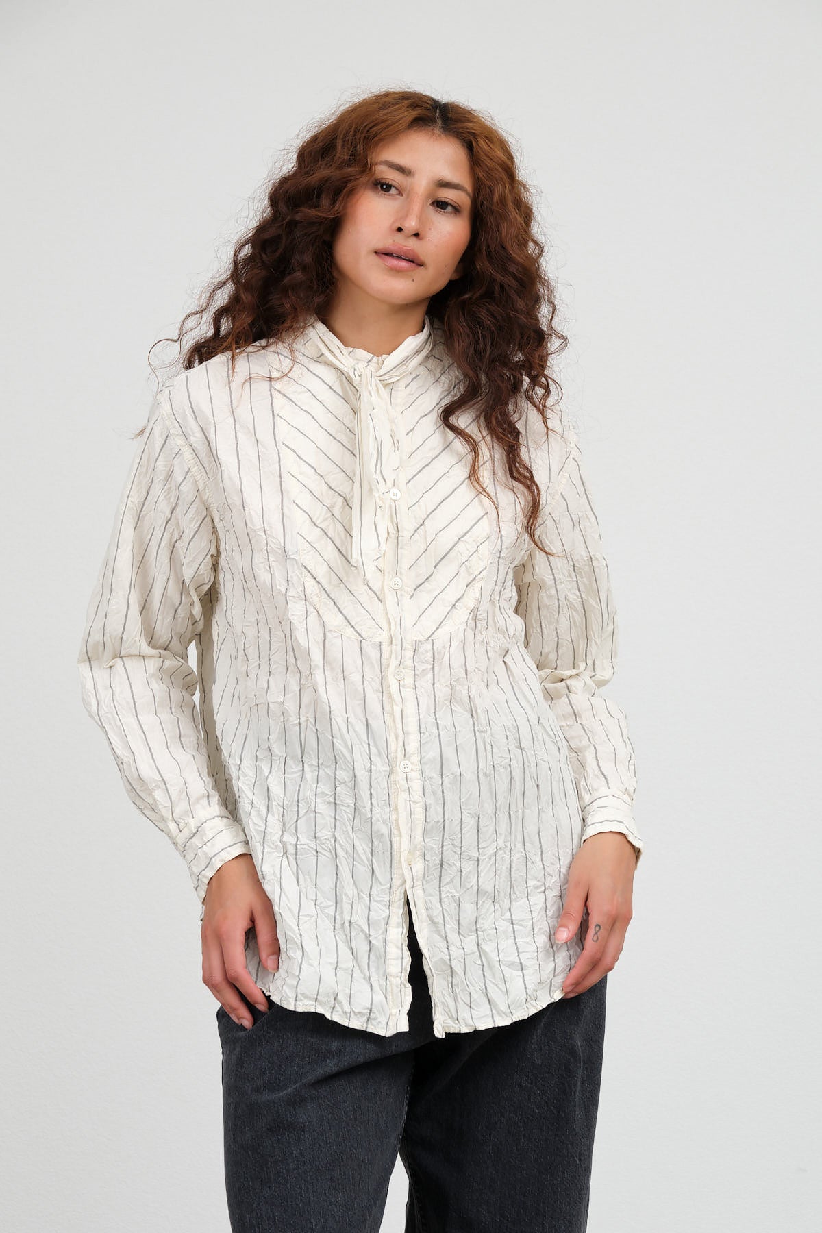 Pas de Calais Crinkle Cotton Striped Tie Neck Blouse in Ivory