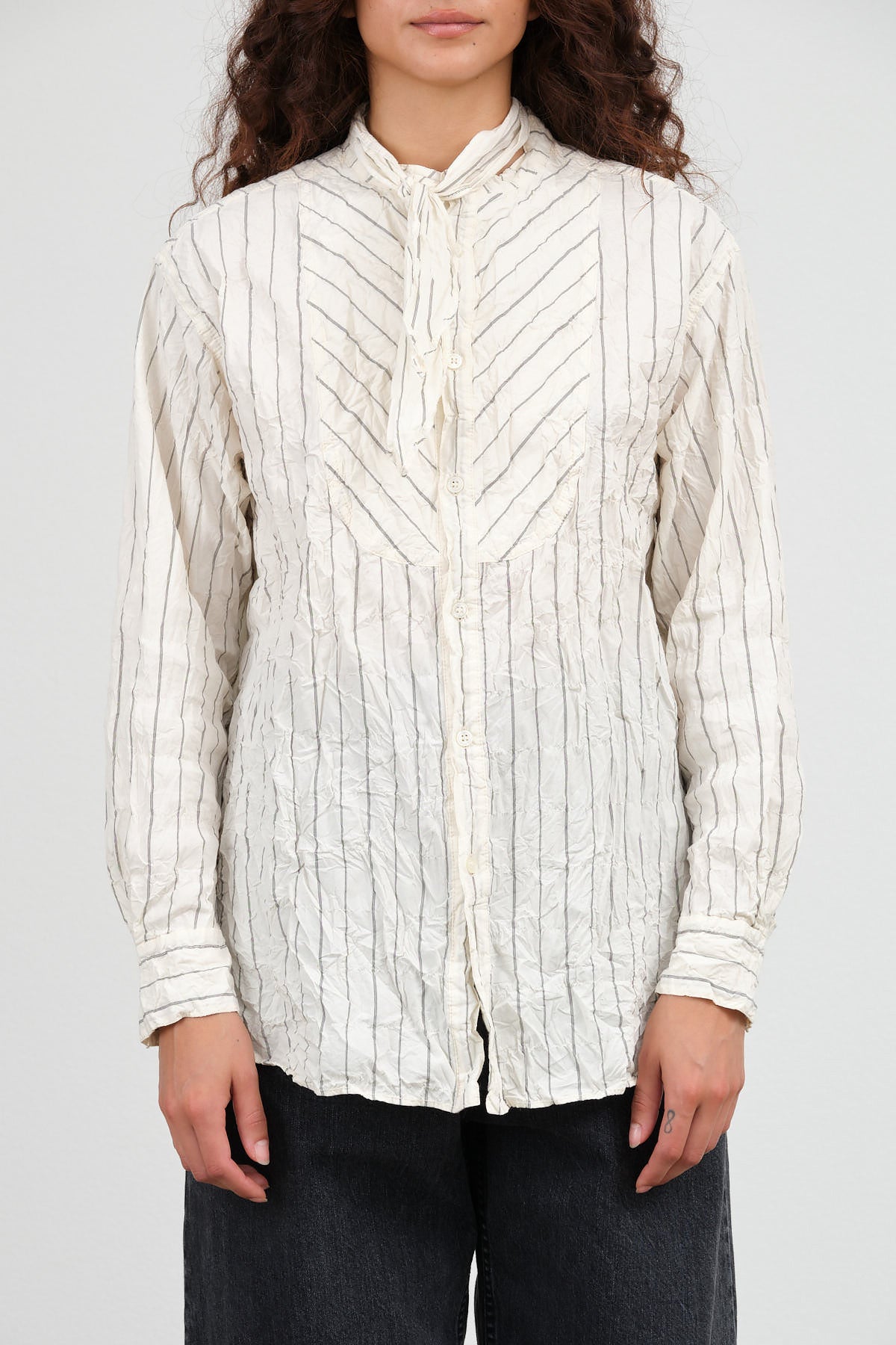 Crinkle Cotton Striped Tie Neck Blouse in Ivory by Pas de Calais