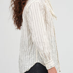 Pas de Calais Designer Brand Crinkle Cotton Striped Scarf Tie Neck Button Up Blouse in Ivory White