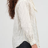 Pas de Calais Designer Brand Crinkle Cotton Striped Scarf Tie Neck Button Up Blouse in Ivory White