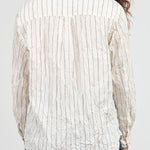 Ivory White Crinkle Cotton Striped Scarf Tie Neck Button Up Blouse by Pas de Calais Designer Brand