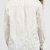 Ivory White Crinkle Cotton Striped Scarf Tie Neck Button Up Blouse by Pas de Calais Designer Brand