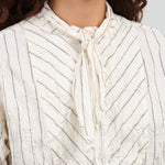 Ivory Crinkle Cotton Striped Tie Neck Blouse by Pas de Calais 