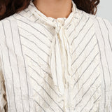 Ivory Crinkle Cotton Striped Tie Neck Blouse by Pas de Calais 